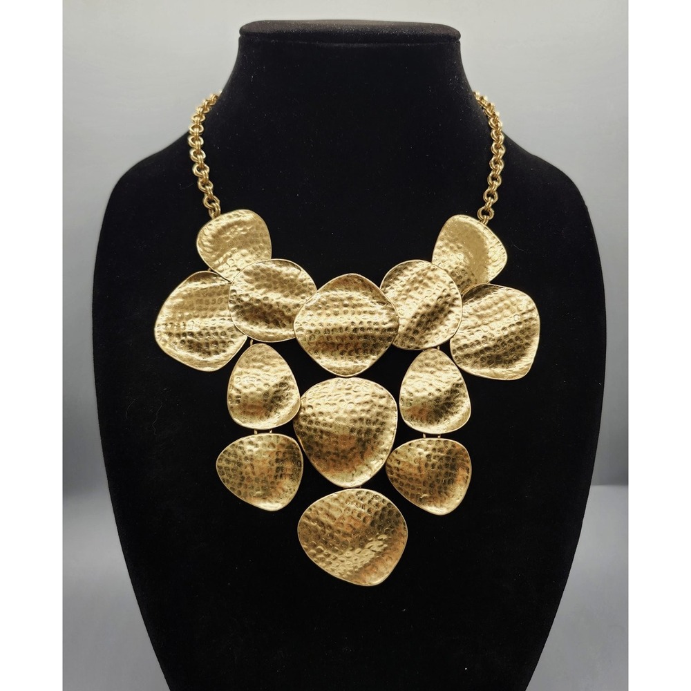 CHICO'S Statement Bib Necklace Adjustable Hammered Gold Tone Discs